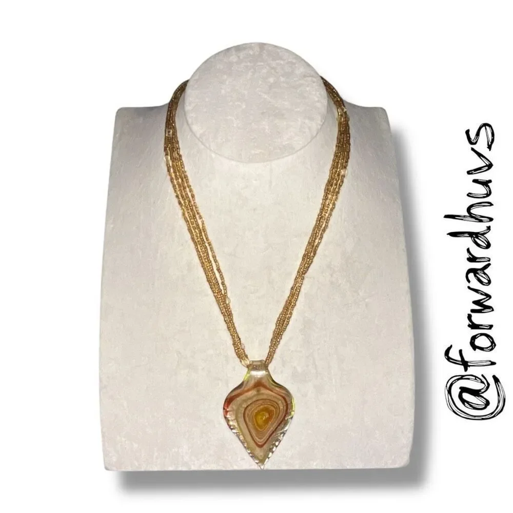 Multi-strand Seed Bead Necklace with Swirl Glass Pendant